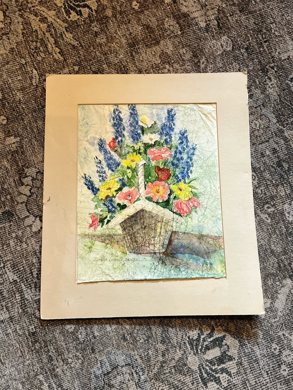 Vintage Original Batik Watercolor Floral Painting, Sandra Cavanaugh Bender Art